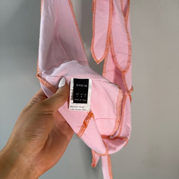 SHEIN Pink and Orange Stitch Halter Tank Top Tie Front - Picture 4 of 10